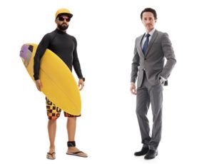 A man wearing a suit and a surfer prepare for their commercial on camera interviews